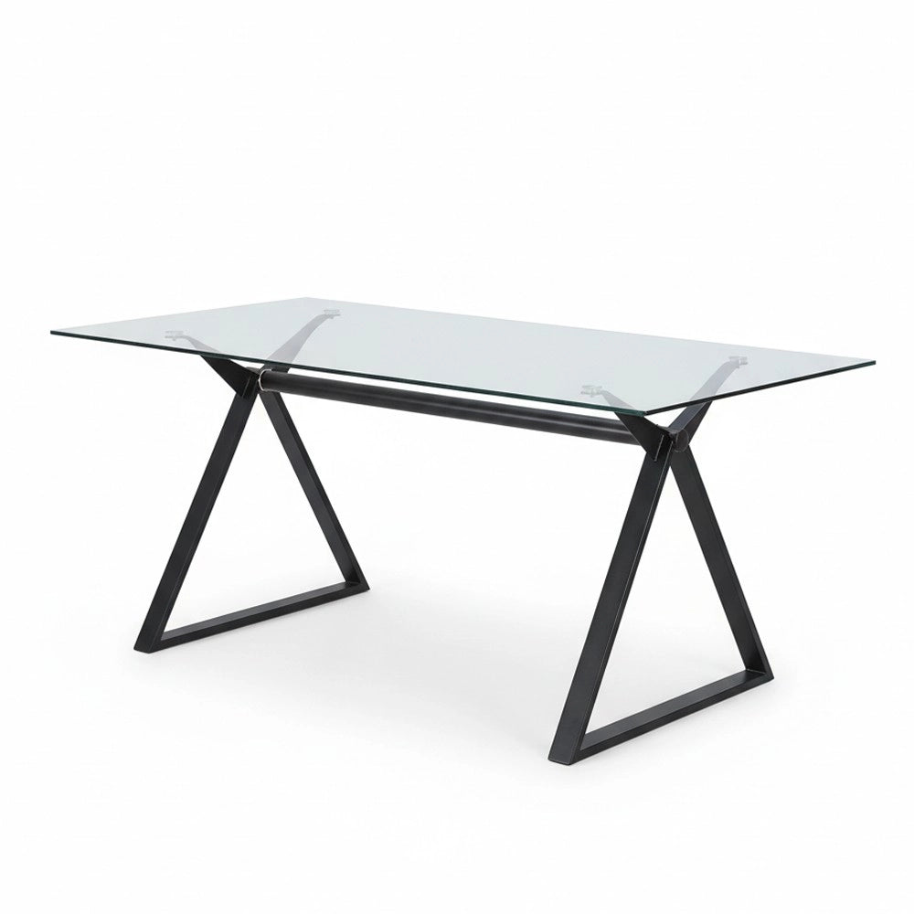 Tavolo da Pranzo Skylar 180×90 cm in Vetro Temperato con Gambe a Cavalletto Nere