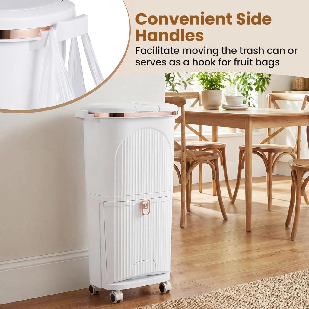 Bidone per Spazzatura Interno 38 L, Pattumiera da Cucina Differenziata a 3 Scomparti con Ruote e Maniglie, Secchio dei Rifiuti in PP on Coperchi a Pressione e Pedale (Bianco)
