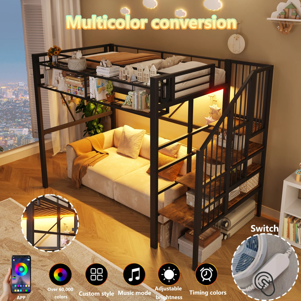 DESMIU Letto a soppalco 90 × 200 cm 1 posto con ripiani, LED regolabile, senza materasso, in metallo e MDF, nero