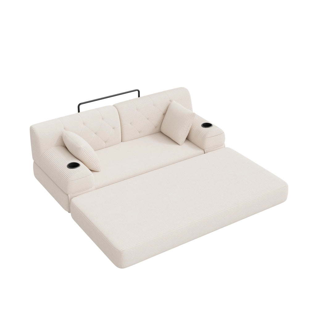 Divano letto 2 posti con schienale alto; 4 tasche e 2 portabicchieri in tessuto a coste beige