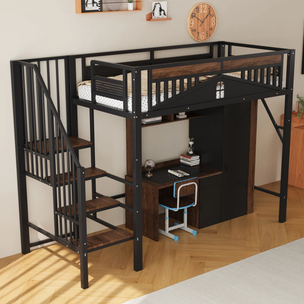 Letto a soppalco 90x200 cm in metallo con scala contenitore e barriera di sicurezza; nero