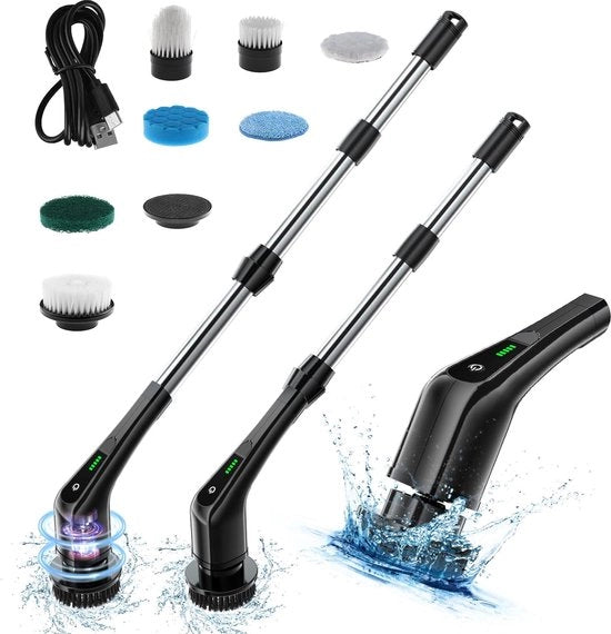 Sbattitore Elettrico - Incluso 7 Teste Interchangeabili - Ricaricabile e Senza Fili - Scopa a Spazzola con Steel Regolabile - Macchina per Pulire - Scopa per Pulire - Per Auto, Finestre, Cucina, Bagno, Pavimento - Nero