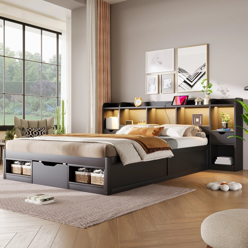 Letto piattaforma 140x200 cm con vani; 3 cassetti e illuminazione LED; nero