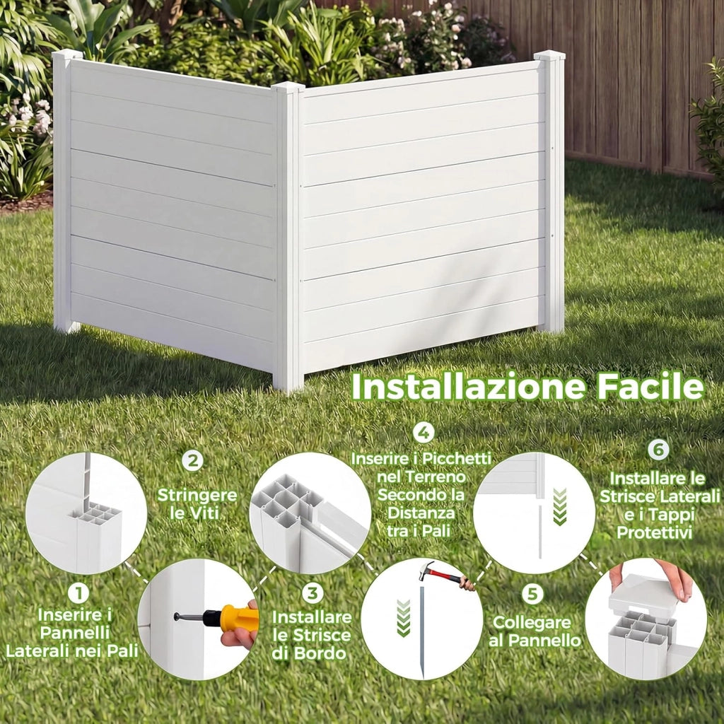 Schermo per Privacy da Esterno, Recinzione con Pannelli e Pali di Metallo Zincato, Recinto da Esterno Versatile e Modulare per Piscina, Copribidone e Condizionatore d’Aria (Bianco)