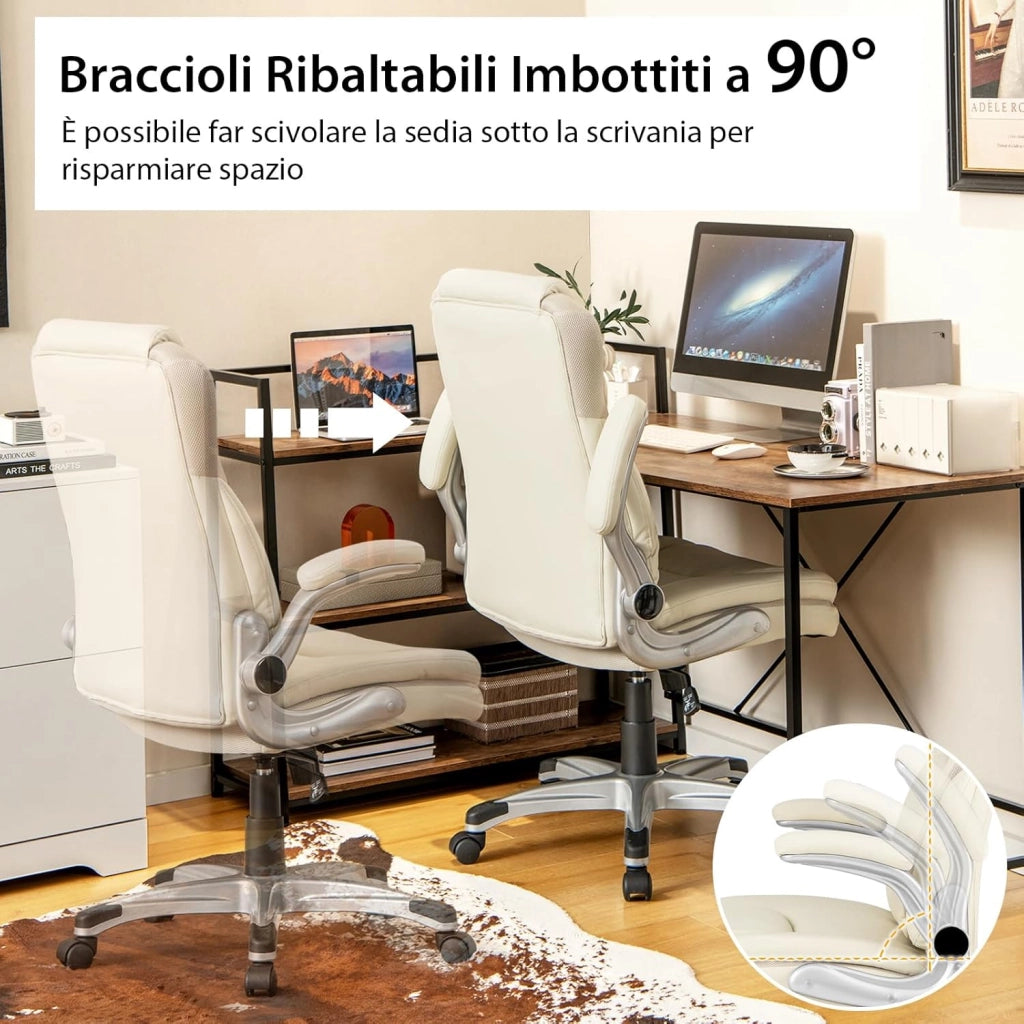 Sedia da Ufficio Girevole, Sedia da Scrivania in Ecopelle con Funzione Dondolo e Altezza Regolabile, Sedia con Ruote per Ufficio e Studio, Carico Massimo 160 kg