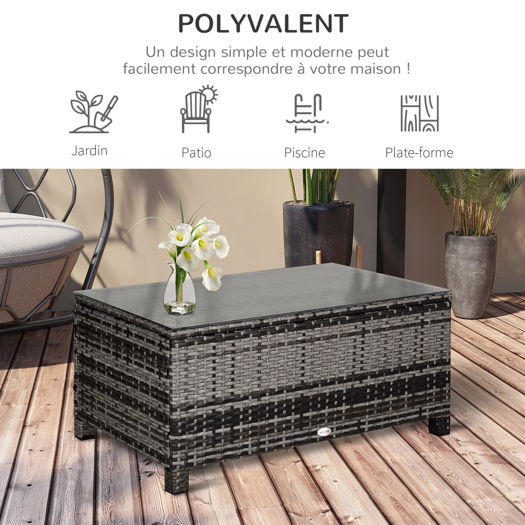 Tavolino da giardino con piano in vetro temperato e struttura in rattan intrecciato ¨C zephmum ¨C grigio 85x50x39 cm