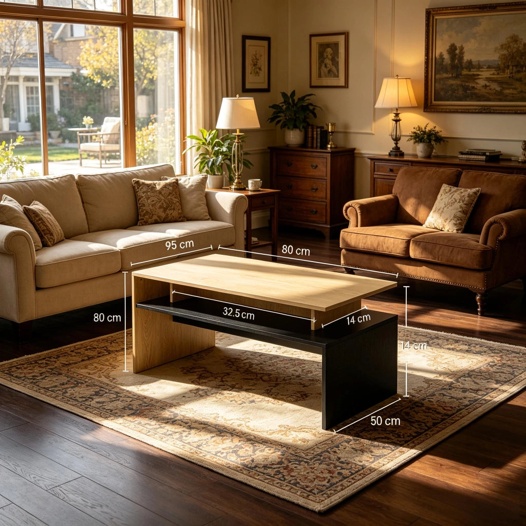 Tavolino basso con ripiano aperto, finitura bicolore, per soggiorno, in MDF, nero e naturale, stile moderno, 95 × 55 cm