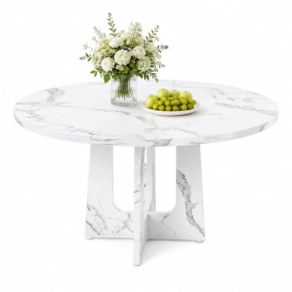 Tavolo da pranzo rotondo Ø 120 cm in MDF bianco effetto marmo, per 4-6 persone