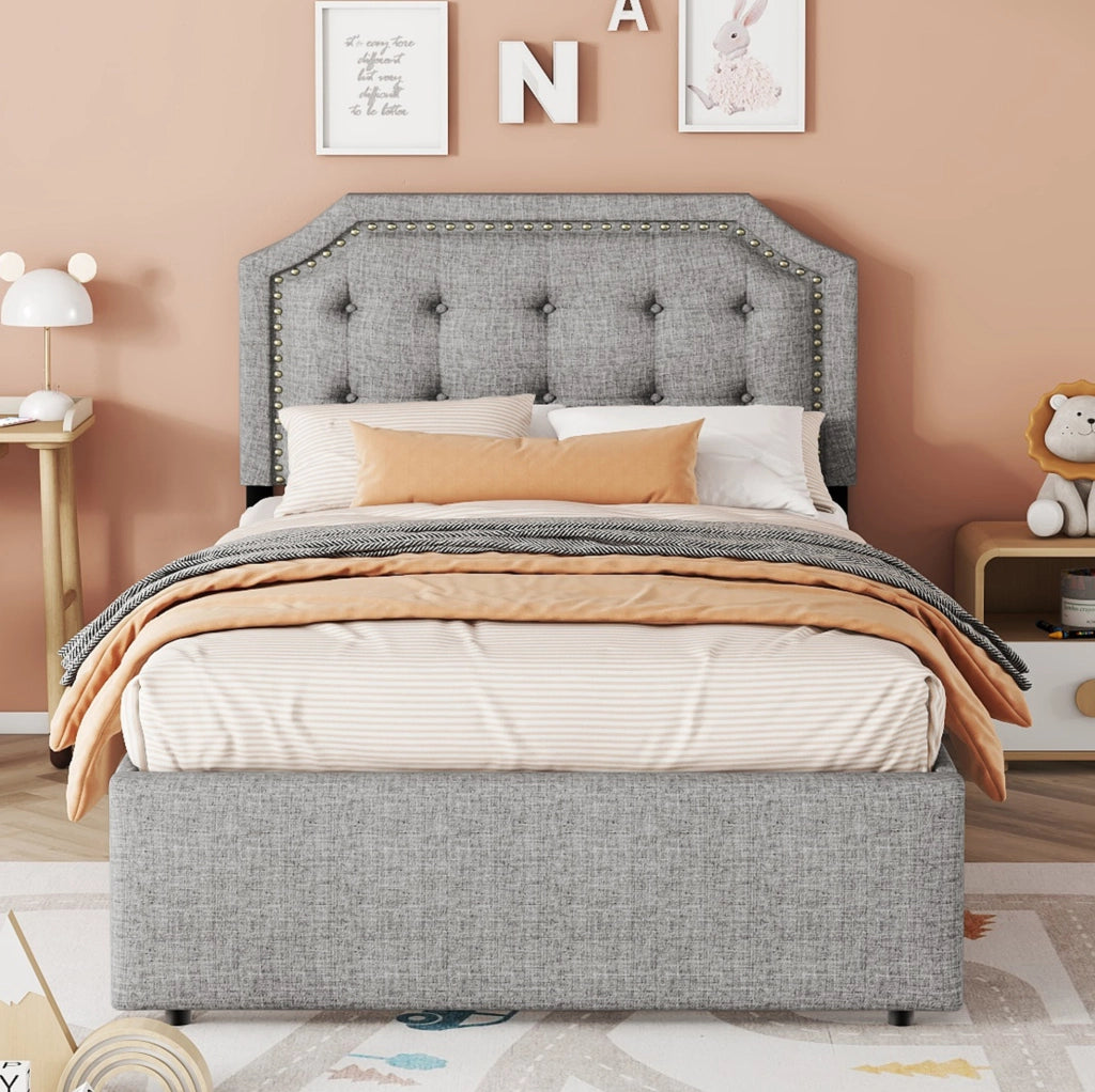 Letto imbottito grigio 90x200 cm con cassetti e testiera regolabile