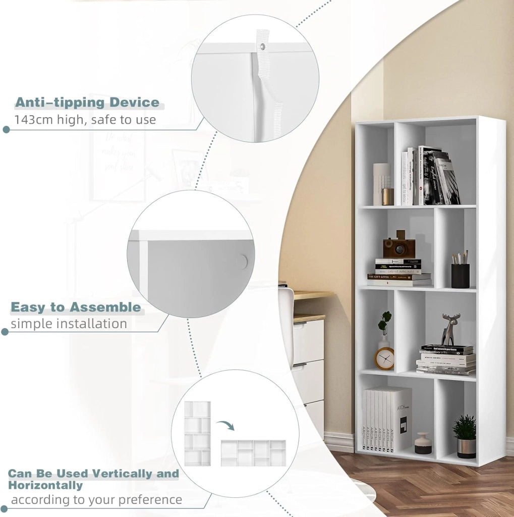 Libreria Scaffale a 4 Ripiani, Libreria a Cubi, Portaoggetti Autoportante, Scaffale Espositivo con 8 Scomparti Aperti, per Salotto Camera da Letto, in Legno Bianco, 60x29x143,5 cm, SK032ws