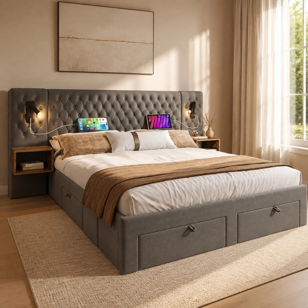 Letto matrimoniale 160x200 cm in velluto grigio con 2 comodini, 4 cassetti, luci lettura e USB/Type-C