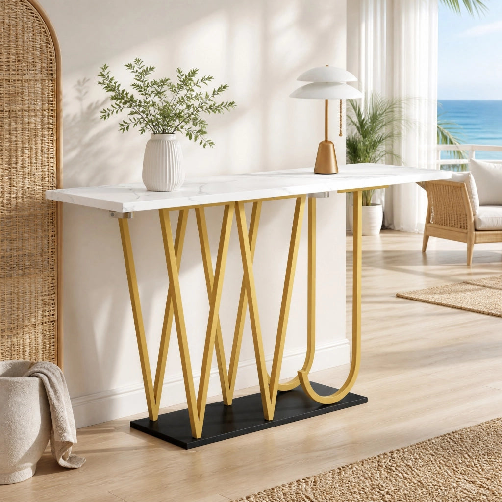 TAVOLO 120x29,5x80 cm in MDF e metallo bianco effetto marmo