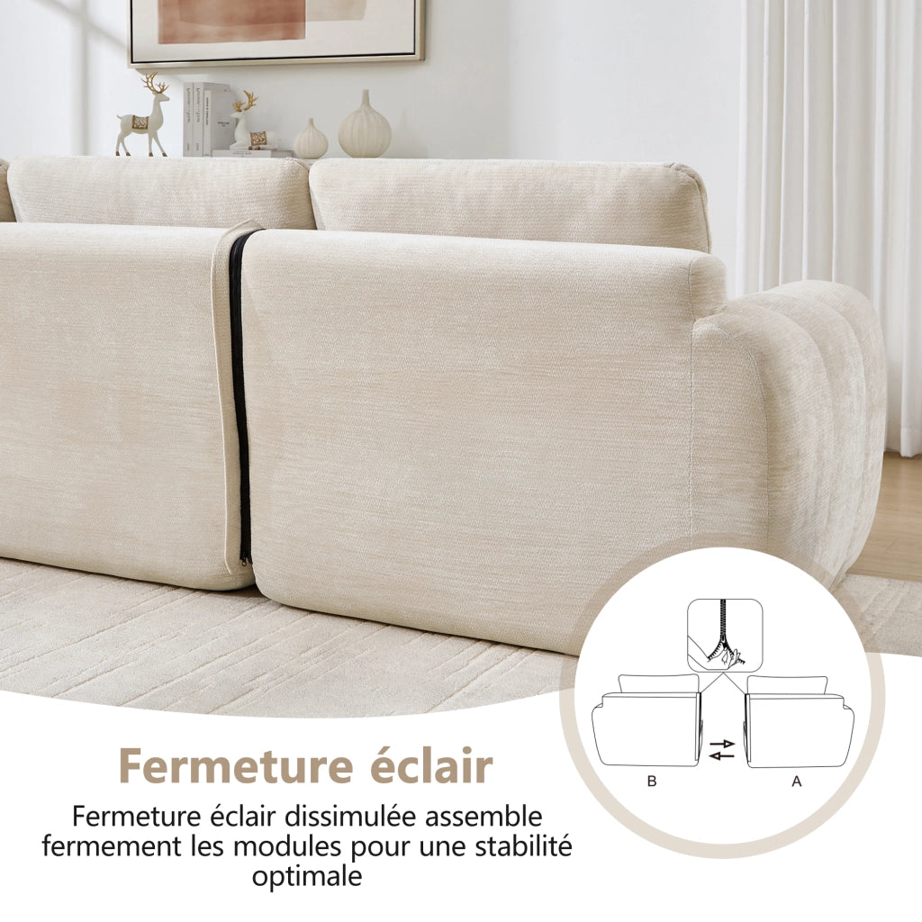 Divano modulare a 3 posti senza struttura in ciniglia con design trapuntato e cuscini morbidi per relax beige
