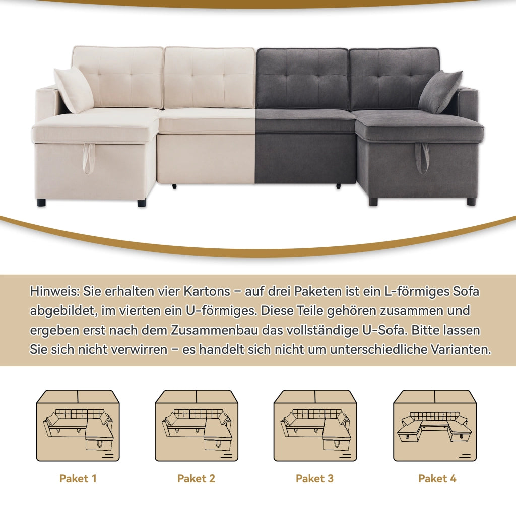 DIVANO LETTO U-form 270x130x86 cm Grigio in tessuto cotone e lino