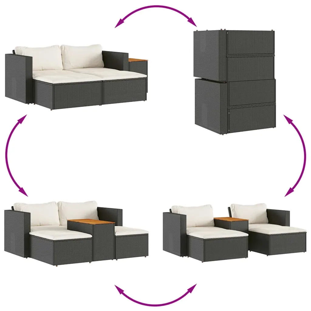 Set Divani da Giardino 5 pz | Set Salotto da Giardino con Cuscini Nero Polyrattan Acacia