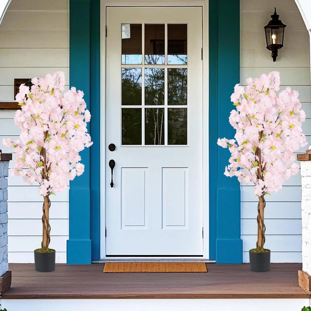 Set di 2 Piante Artificiali di Sakura, Pianta Artificiale 150 cm in Vaso, Falso Albero di Ciliegio con Fiori Rosa, Albero Artificiale Decorativo per la Casa