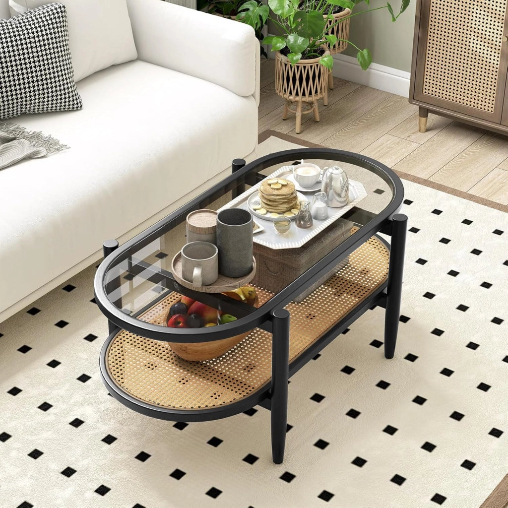 Tavolino da Caffè Salvaspazio, Tavolino da Divano a 2 Ripiani con Piano in Vetro Temperato, Struttura in Legno e Piedini Regolabili, per Soggiorno, Camera da Letto Ufficio, 102 X 56 X 46 CM