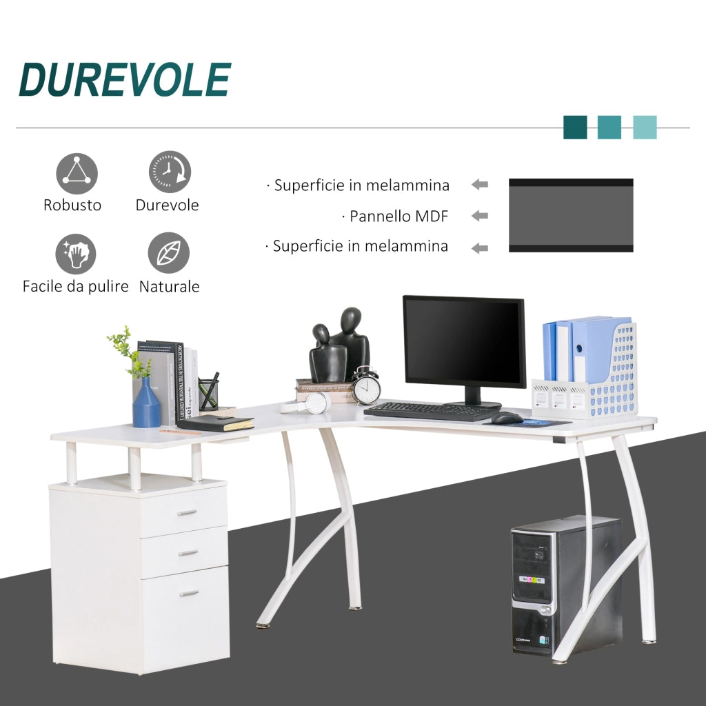 Easycomfort Scrivania Angolare con Cassettiera, Scrivania Ufficio Porta PC in Legno e Metallo, Bianco, 143.5x143.5x76cm
