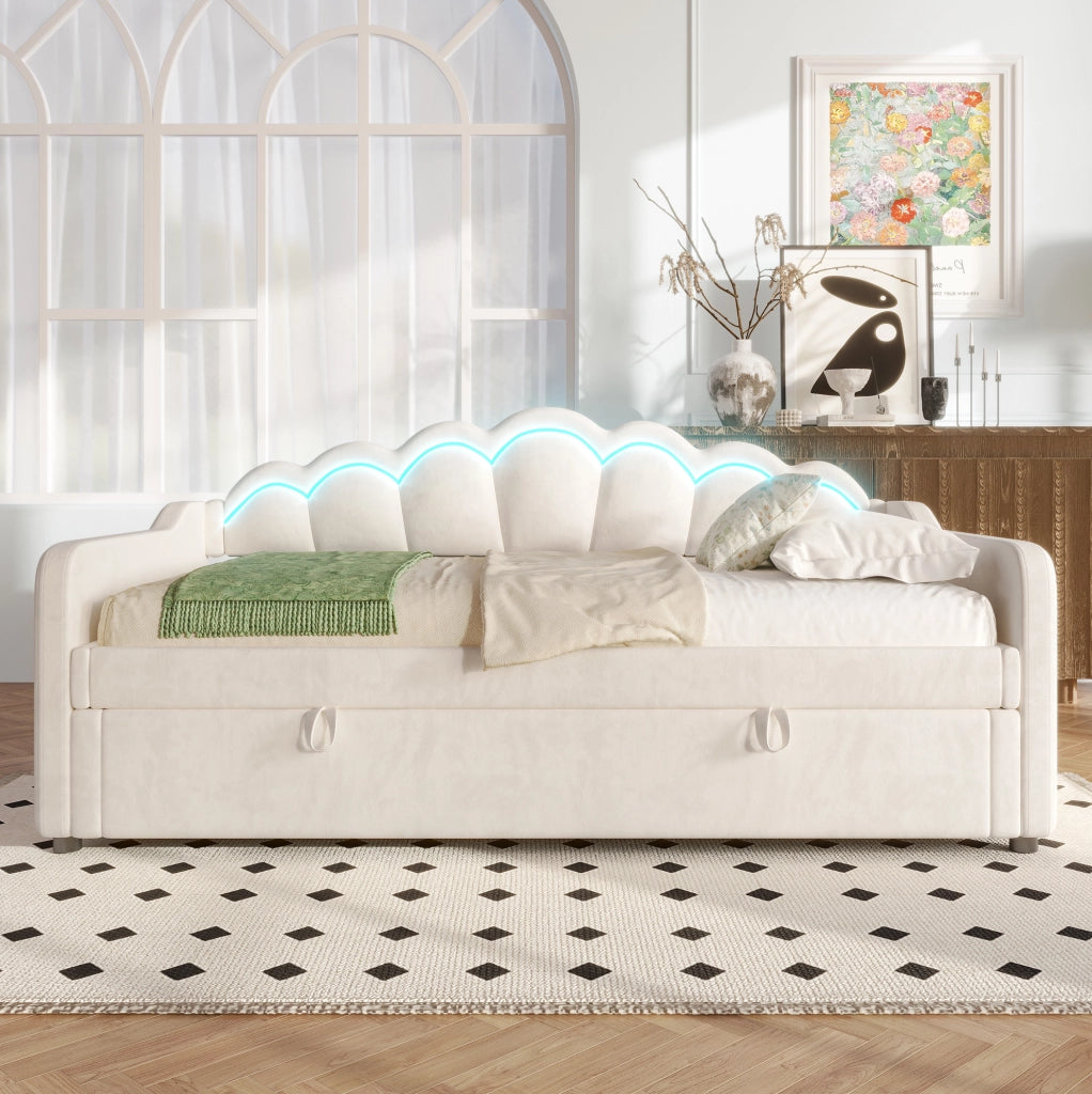 Divano letto con contenitore e LED, in velluto beige, 90x200 cm