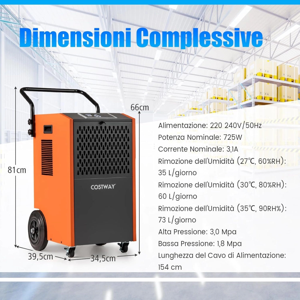 Deumidificatore Casa, Deumidificatore Elettrico con Tubo di Scarico e Timer, Deumidificatore Portatile con Ruote per Cantina, Magazzino, Fabbrica e Grandi Spazi fino a 695 m³ (Arancione)