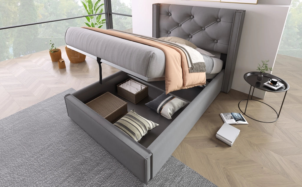 DESMIU Letto contenitore 90 × 200 cm singolo con vano contenitore sollevabile, senza materasso, cotone grigio