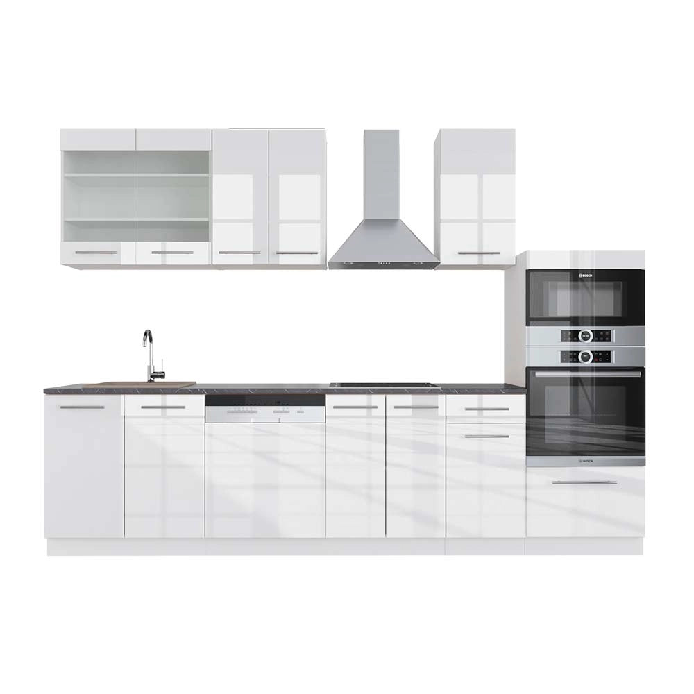 Cucina componibile Fame-Line Bianco lucido/Bianco 300 cm con armadio alto, PL Antracite Vicco