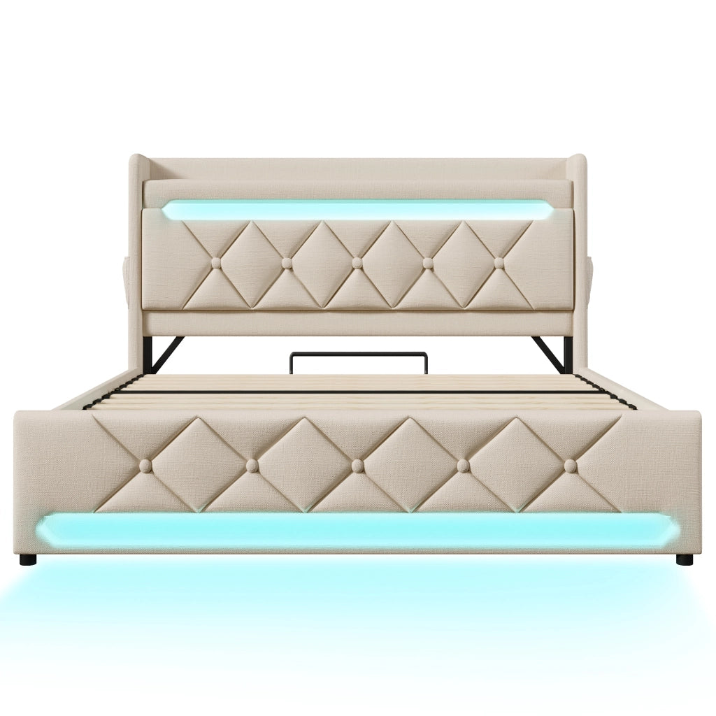 Letto matrimoniale 140x190 cm in lino beige con LED 360°, testiera con USB e Type-C, contenitore