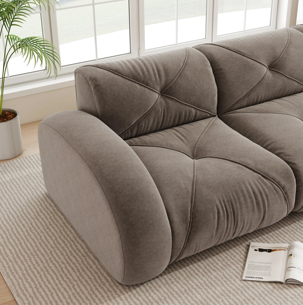 Divano modulare con pouf in chenille taupe