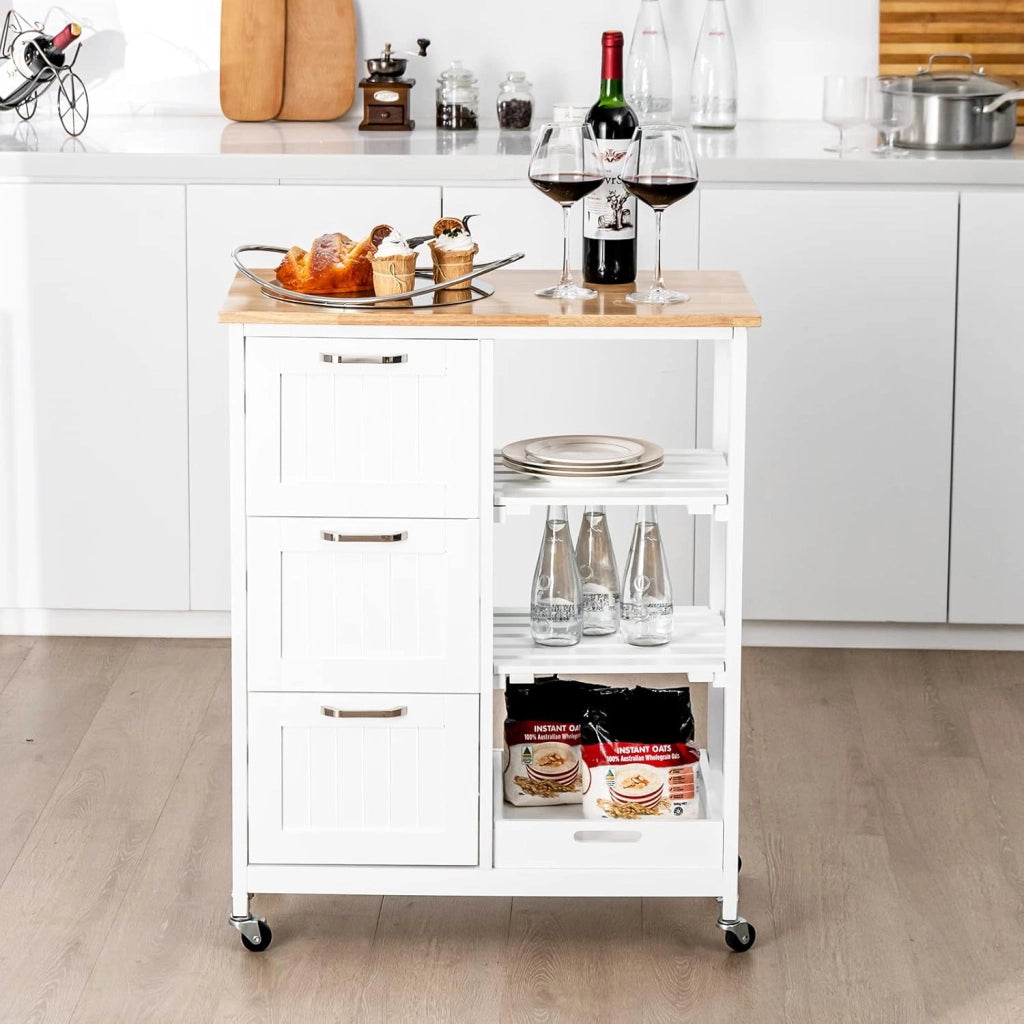 Carrello da Cucina con Ruote, Credenza Cucina con 4 Ripiani e 3 Cassetti, in Legno, Ideale per Cucina Ristorante e Bar, 67 x 37 x 83,5 cm (Bianco)