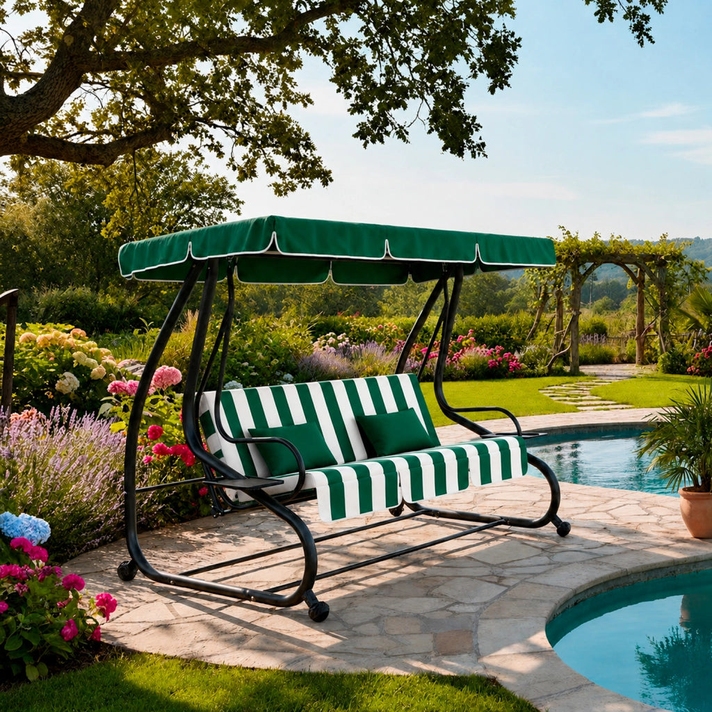 Dondolo 3 Posti Reclinabile Madeira Tettuccio Parasole Regolabile Cuscini Imbottiti Diventa Letto Struttura Robusta In Acciaio Verniciato Giardino Esterno Balcone Terrazzo 200 x 120 x 160 cm Verde E Bianco