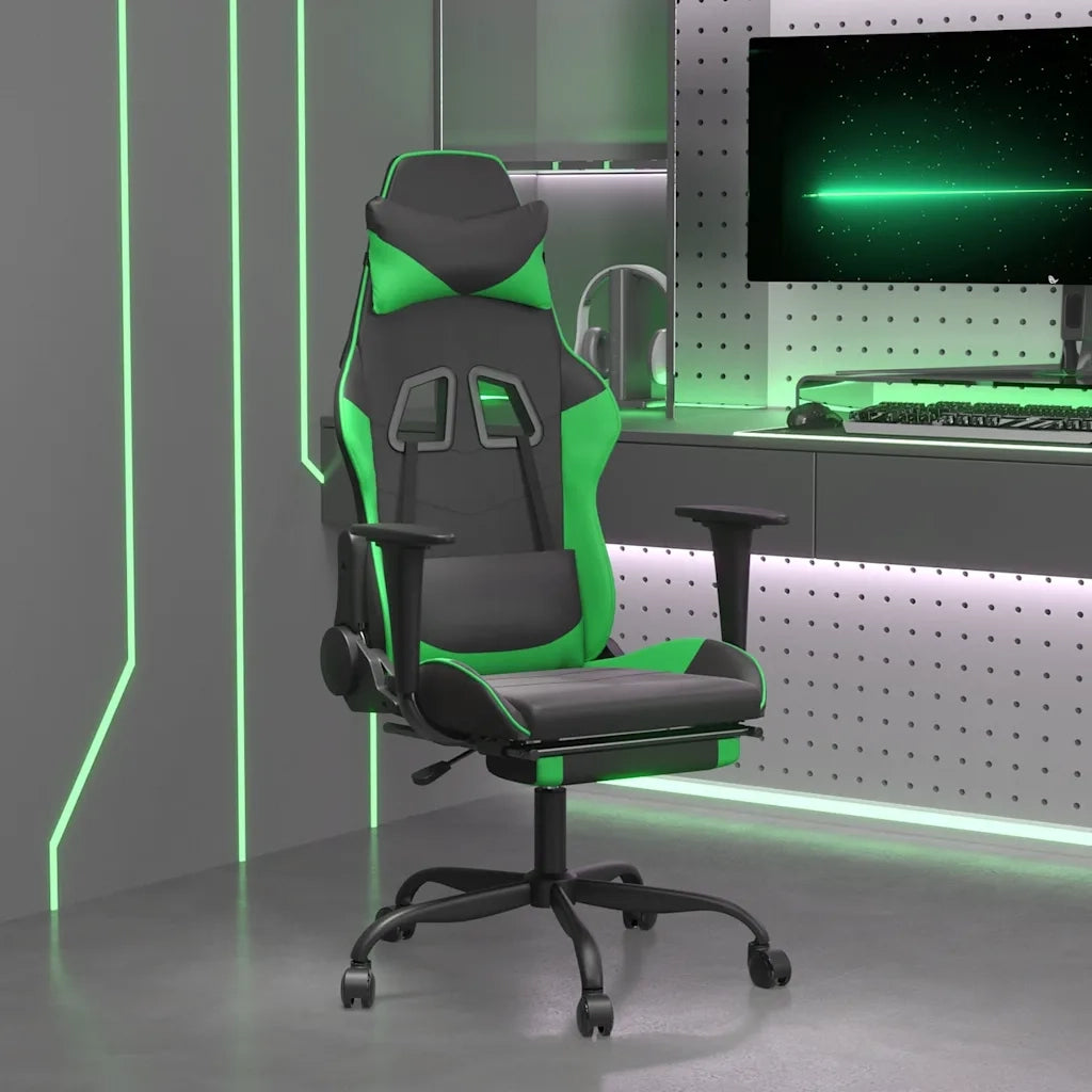 Sedia da Gaming | Sedia da e-sports Massaggio Poggiapiedi Nero e Verde Similpelle