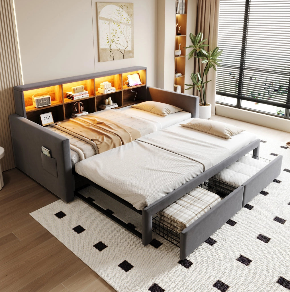 Divano letto imbottito estraibile 90x190 cm in velluto grigio con LED, prese e cassetti