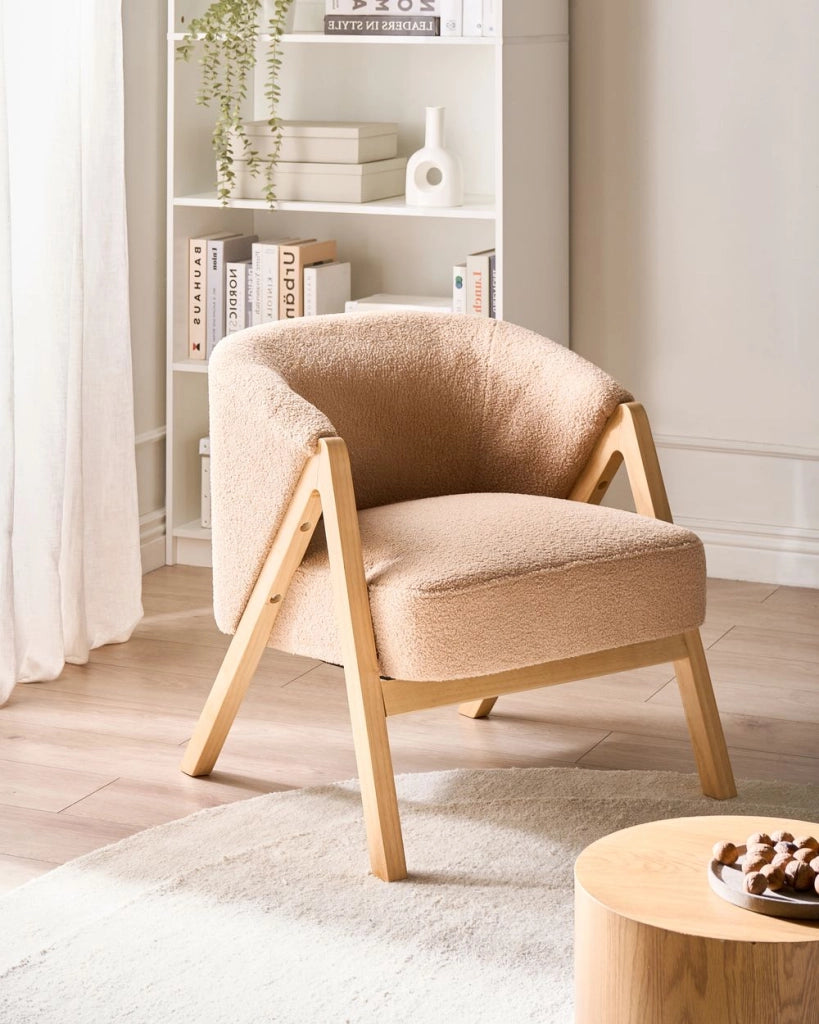 Poltrona da Soggiorno Senza Braccioli bouclè beige capitonnè Verticale Gambe In Legno