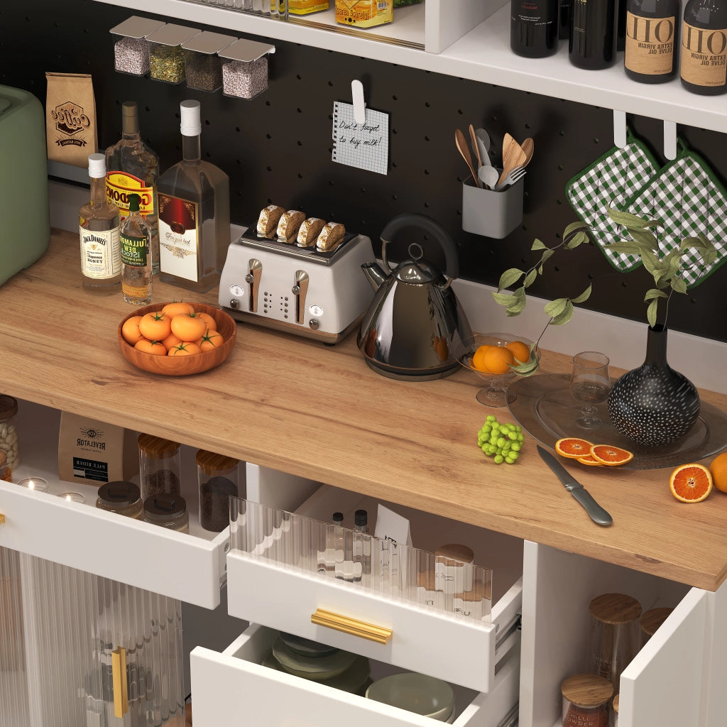 Credenza alta da cucina con 1 porta scorrevole in vetro; ripiani regolabili; pannello forato e LED; in MDF; 145 x 39 x 171 cm; Bianco