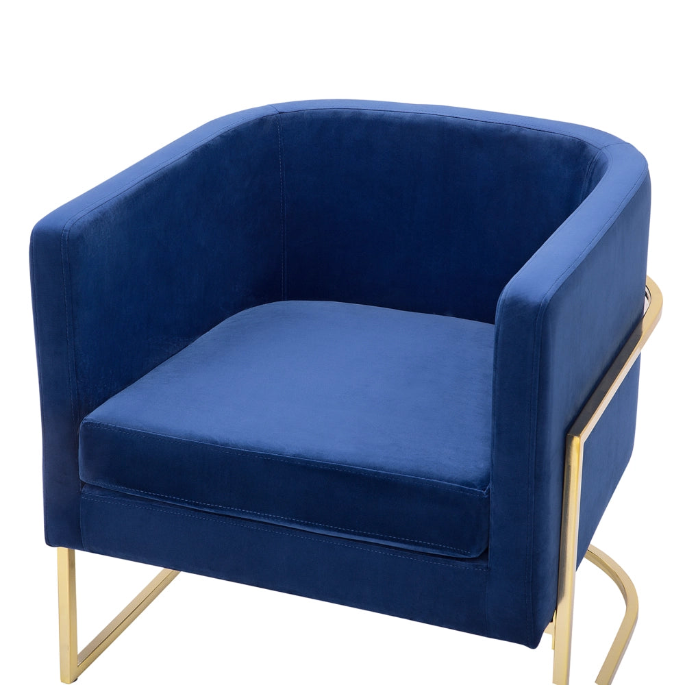 Poltrona Velluto Blu Scuro Struttura In Metallo Dorato Con Schienale Tondo Stile Glam