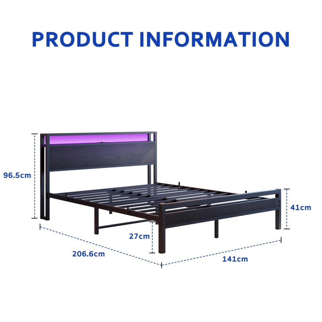 Letto contenitore 140 × 190 cm con testiera a 2 ripiani, USB Type-C, senza materasso, in metallo e MDF, nero