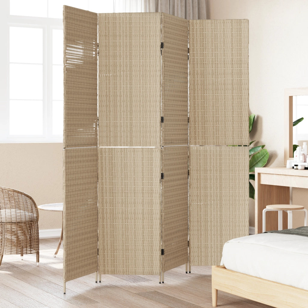 Divider per Stanza 4 Pannelli Pieghevole Beige 196x200 cm Poly Rattan