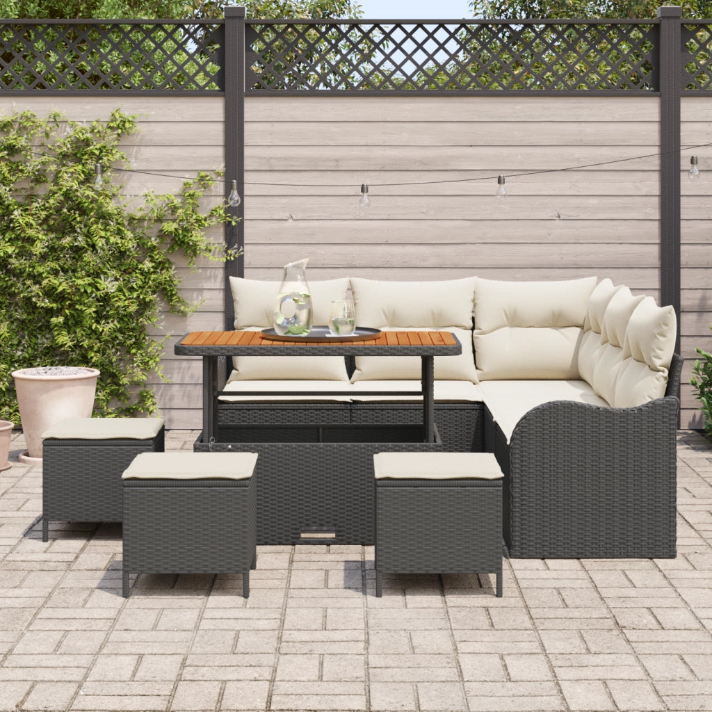 Set divano da giardino con cuscini  9 pezzi Poly Rattan Acacia nero