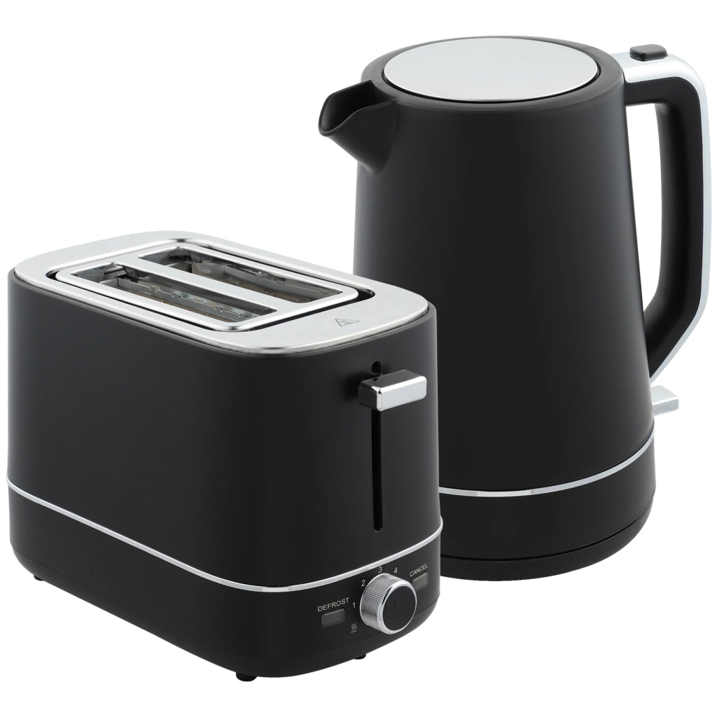 Set Colazione Nero: Bollitore 1,7L 2200W con Filtro Calcare e Tostapane 2 Fette, 6 Livelli di Doratura, Scongelamento e Riscaldamento, Vaschetta Briciole