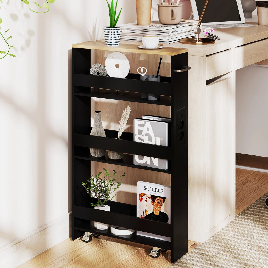 Carrello da cucina 4 ripiani con stazione di ricarica maniglia e parapetti-Scaffale stretto a sfilo con ruote bloccabili per cucina  Nero e naturale