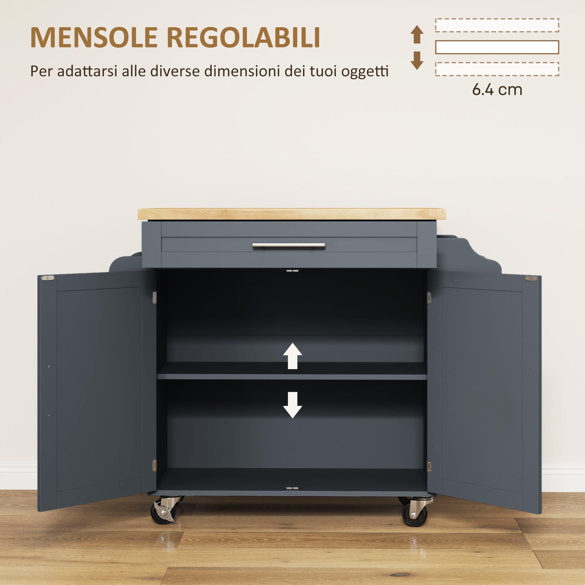 Carrello da Cucina con Cassetto, Portaspezie e Armadietto 109x40x89 cm Grigio e Color Legno