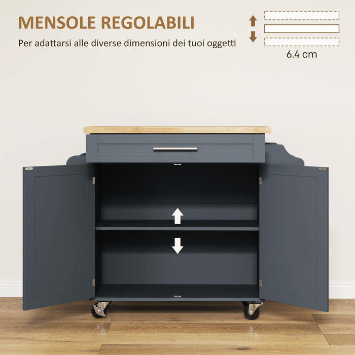 Carrello da Cucina con Cassetto, Portaspezie e Armadietto 109x40x89 cm Grigio e Color Legno