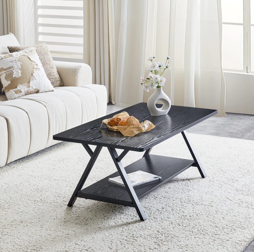 Tavolino da caffè 110x57x44.5 cm con doppio spazio contenitivo in MDF e metallo nero
