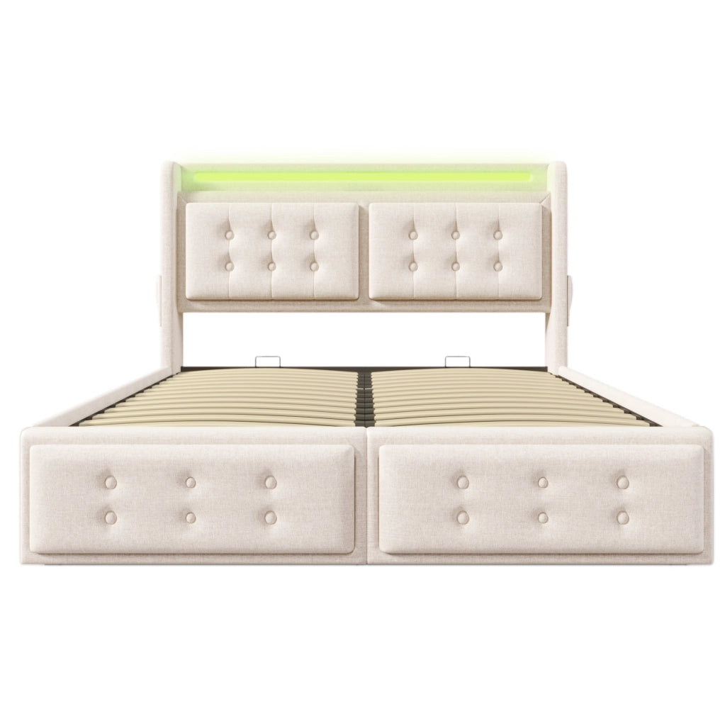 Letto imbottito 140x200 con testiera LED, prese e contenitore