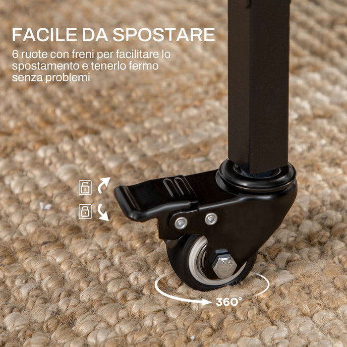 Tavolo Pieghevole 6 Ruote e Mensola 130x80x74 cm in Legno e Metallo Marrone Rustico