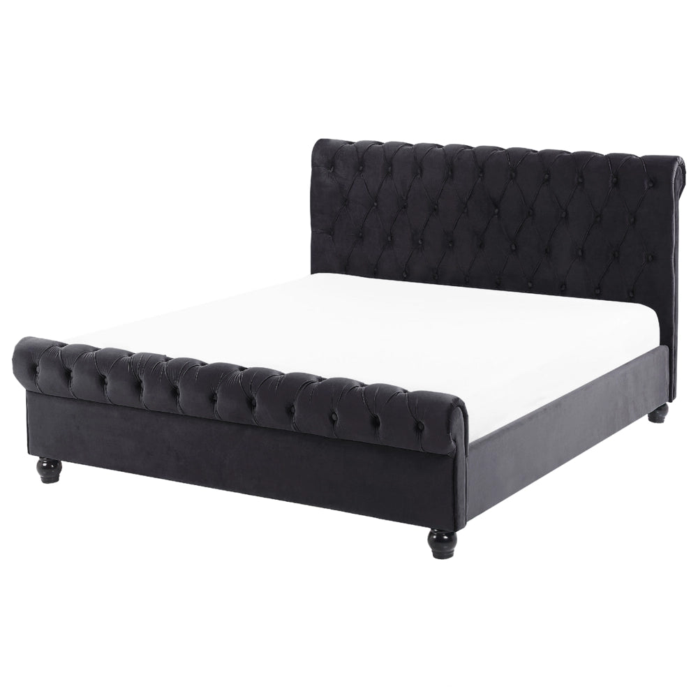 Letto Rivestimento in velluto Nero Gambe in legno Nero matrimoniale 140 x 200 cm con bottoni Glam