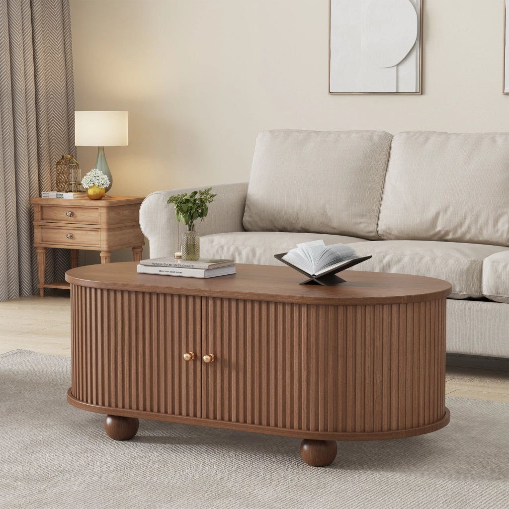 Tavolino da salotto ovale con anta scorrevole e vano contenitore; in MDF; Noce; 100 × 50 × 40 cm