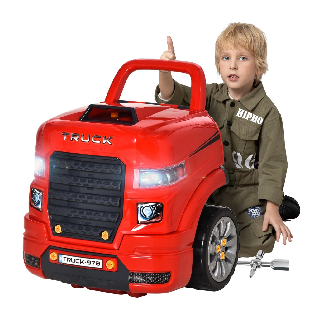 EasyComfort Officina Camion Giocattolo con Motore e 61 Accessori per Bambini 3-5 Anni, Ruote e Maniglia, 40x39x47cm, Rosso