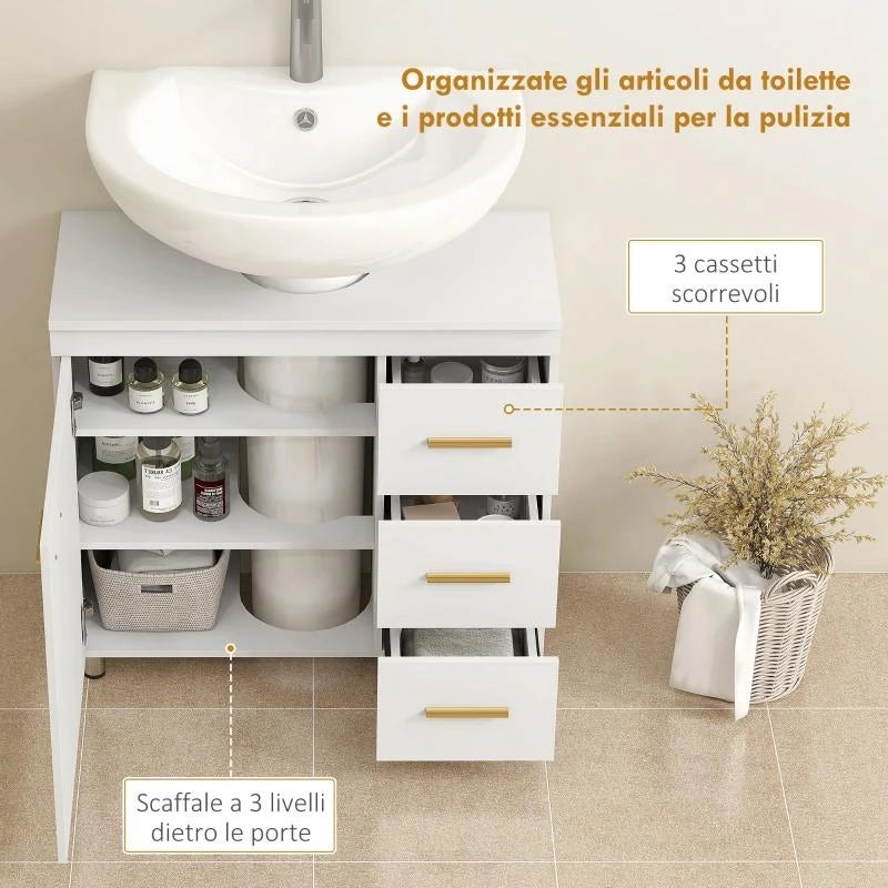 MOBILE SOTTOLAVABO CON INTAGLIO A U, ARMADIETTO E 3 CASSETTI, CHIUSURA AMMORTIZZATA, 70X30X65 CM, BIANCO