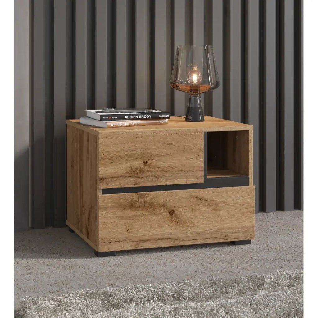 Tavolino da notte HAVANA in rovere e nero – 2 cassetti e 1 vano – Stile naturale e pratico per lo stoccaggio
